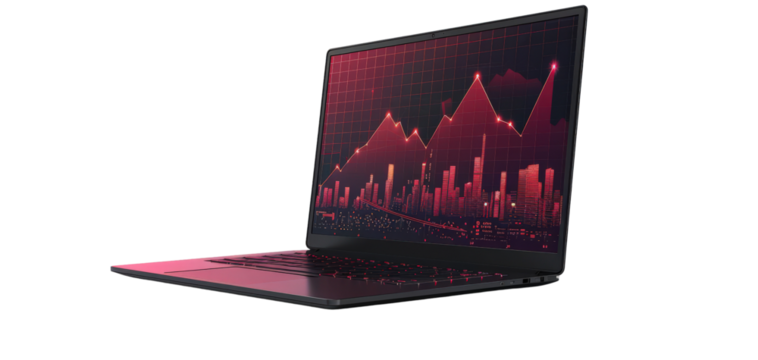 Laptop displaying a red graph with cityscape background.