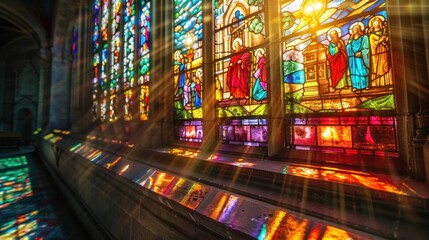 Obraz premium The stained glass window is colorful and has a religious theme. The sunlight shining through the window creates a beautiful and peaceful atmosphere