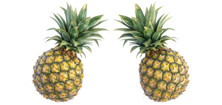 Two ripe pineapples with green leaves facing each other.
