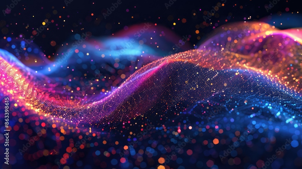 Poster vivid colored sparks in a spiral wave pattern, creating a dynamic and luminous design on a dark back