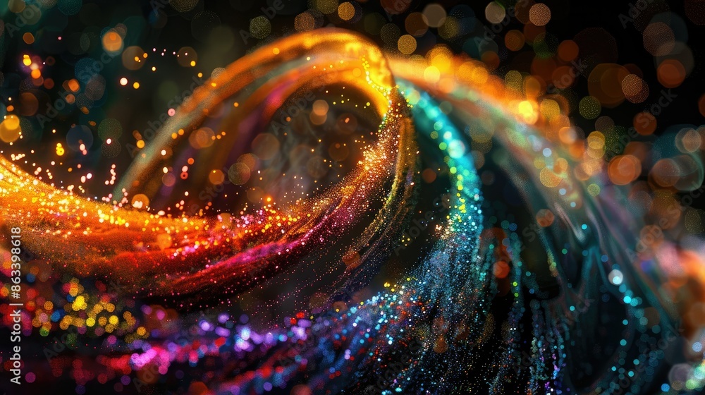 Poster vibrant colored sparks forming a spiral wave, creating a dynamic and luminous display