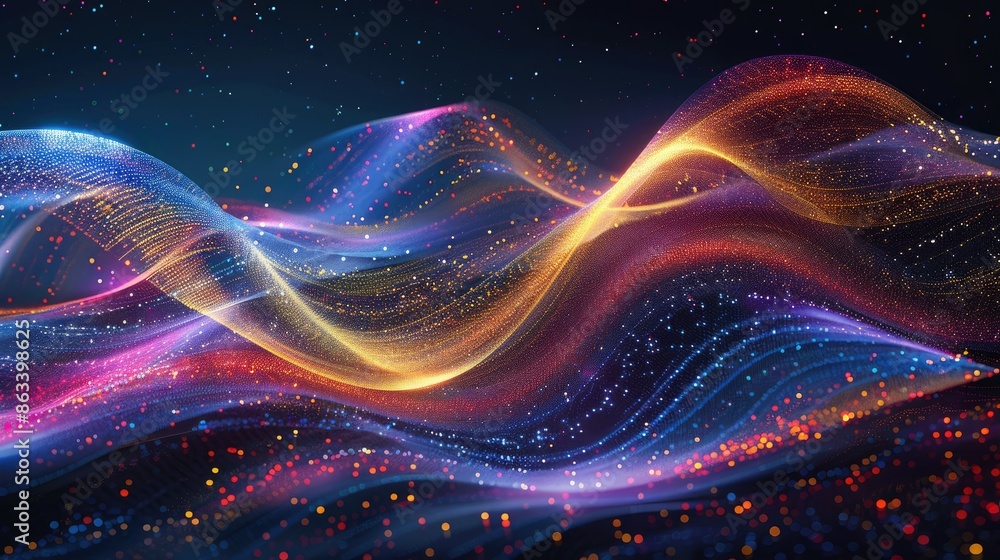 Poster vivid colored sparks in a spiral wave pattern, creating a dynamic and luminous design on a dark back