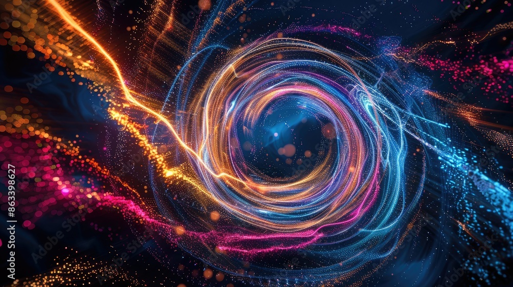 Poster vivid colored sparks in a spiral wave pattern, creating a dynamic and luminous design on a dark back