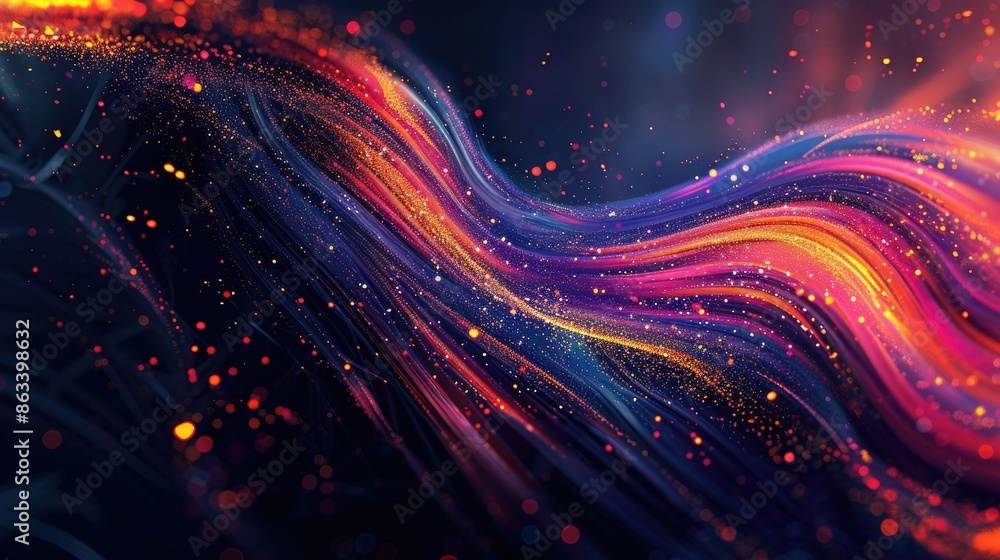 Poster vivid colored sparks in a spiral wave pattern, creating a dynamic and luminous design on a dark back