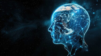 Transparent humanoid head intersecting with Earth, symbolizing global connectivity and innovation