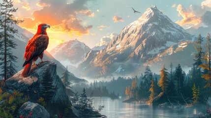 An eagle entrepreneur presenting a new project from a vividly painted podium with mountain scenery