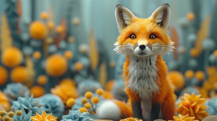 A fox businesswoman on a colorful podium, showcasing a new eco-friendly product line