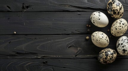 Copy space with quail eggs on dark wood surface