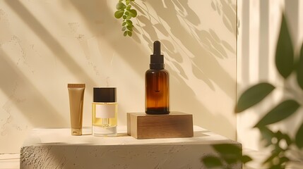 Natural beauty products on wooden platform with sun light and shadows. Minimalistic skincare  and beauty concept.