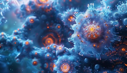 A closeup view of nanobots working on a molecular level, intricate and detailed, scifi atmosphere, blue and metallic tones, digital art