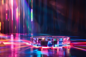 Neon light reflecting on glass podium in dark background. 3d rendering of a product display, stage, or showcase.