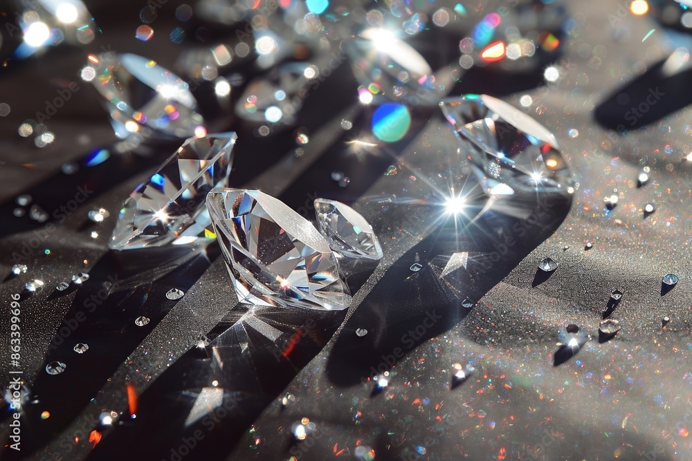 Poster a close up of a black background with a large number of diamonds scattered across it. the diamonds a