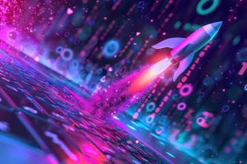 startup launch concept cartoon rocket blasting off from open laptop screen leaving trail of binary code and glowing particles on vibrant ultraviolet background