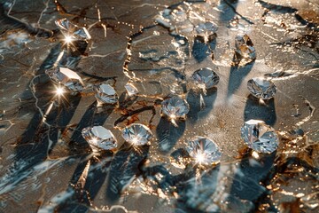 A group of shiny diamonds are reflected in the water. The water is murky and the diamonds are scattered all over the surface