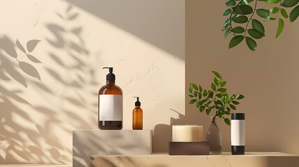 Minimalist beauty product display with amber bottles and white labels on neutral beige background with natural plant leaves and shadows. Product mockup, branding and packaging concept.