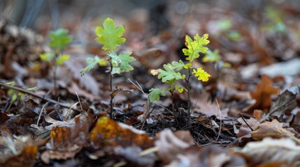 Tiny oak trees flourish amidst the leaves