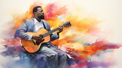 Watercolor painting of a man playing an acoustic guitar, surrounded by vibrant colors and a lively background.