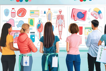 Medical healthcare team participating a training session with medical mannequins indepth infographic exploration of training materials