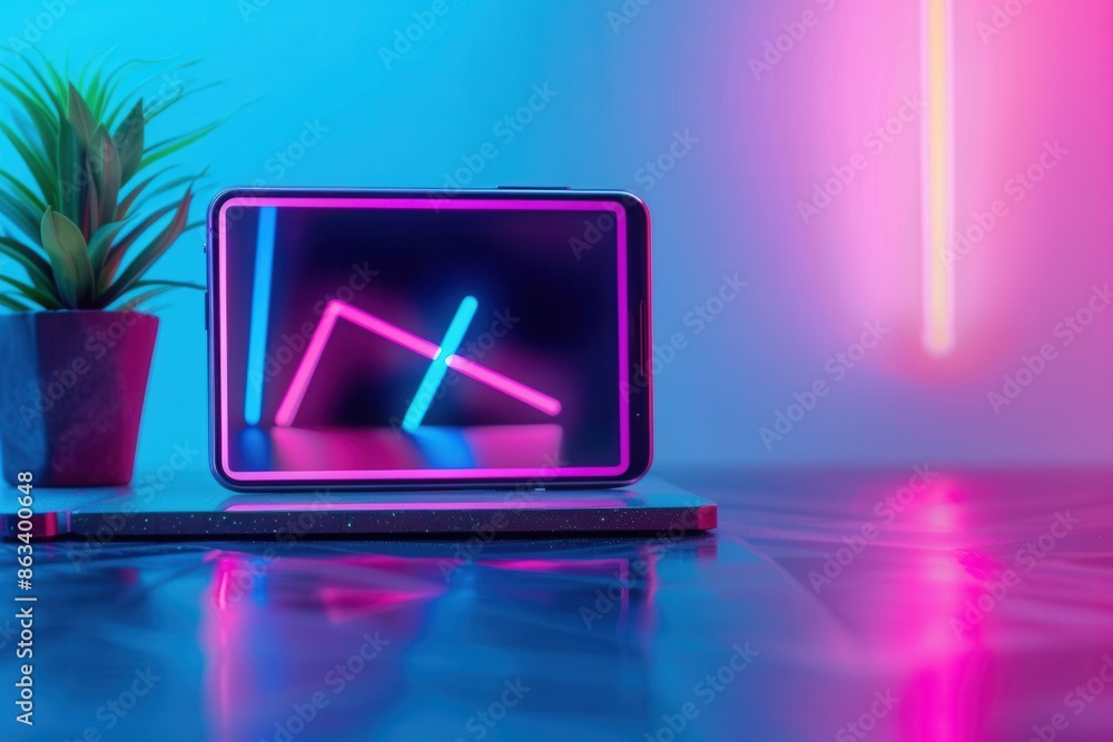 Fototapete a tablet displaying a dynamic video stream with neon lights, creating a vibrant and modern aesthetic
