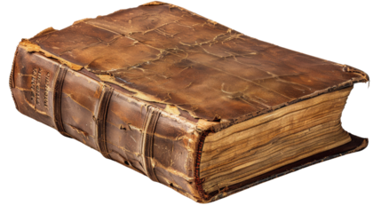 A vintage, leather-bound book with worn pages, closed and laying on its side. The book is old and has been well-loved.