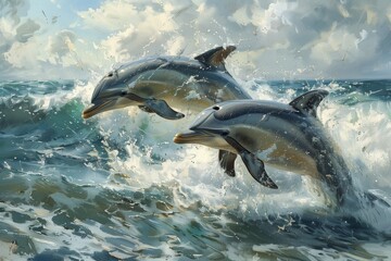 Naklejka premium Two Dolphins Leaping Through Ocean Waves on a Sunny Day