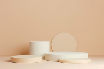 Abstract minimalist product display podium with geometric shapes and beige background.  Mockup for cosmetics, perfume, skincare, beauty products or other items.