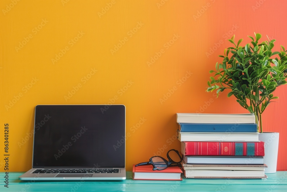Poster a laptop computer and a stack of textbooks sit on a table against a bright orange and yellow wall. t