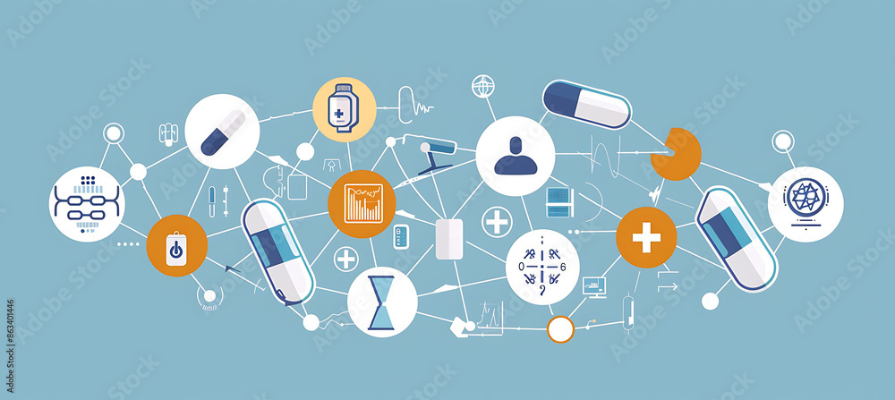 Poster pharmacy icons featuring blockchainbased medication tracking supply chain transparency counterfeit d