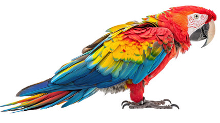 Obraz premium A vibrant scarlet macaw with blue and yellow feathers stands on a black background.