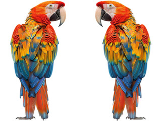Fototapeta premium Two vibrant scarlet macaws stand facing each other, their plumage a dazzling display of red, yellow, and blue.