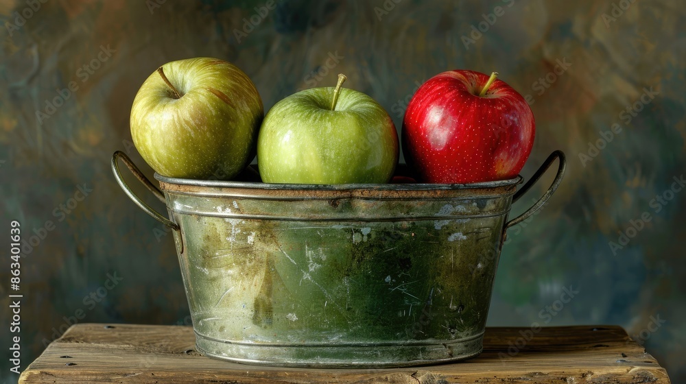 Poster three apples in a metal bowl on a wooden table. the apples are green and red. the bowl is silver and