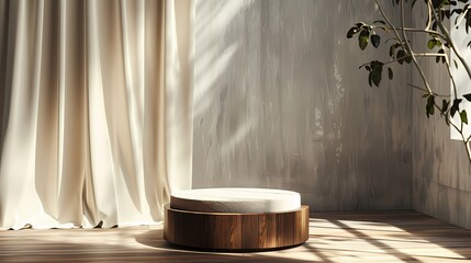 Minimalist product display with round wooden platform and white linen curtains in a cozy room with sunlight