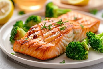 A plate of salmon and broccoli with a lemon wedge on the side. The salmon is grilled and the broccoli is fresh and green. The plate is set on a white table