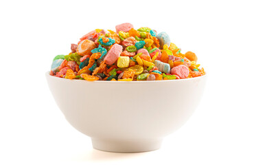 Bowl of Rainbow Colored Fruity Flavored Marshmallow Kids Cereal Isolated on a White Background.