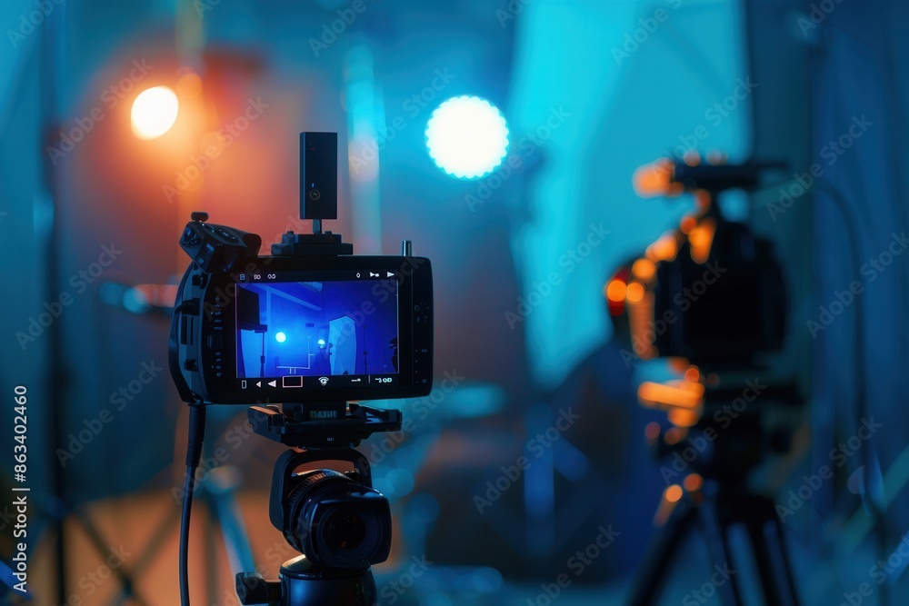 Poster a professional video camera mounted on a tripod captures footage in a studio setting, with colorful 