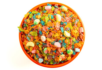 Bowl of Rainbow Colored Fruity Flavored Marshmallow Kids Cereal Isolated on a White Background.