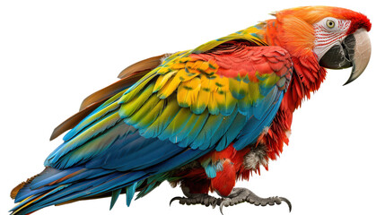 A vibrant scarlet macaw with blue and yellow feathers, perched with a curious expression. Isolated on a black background.