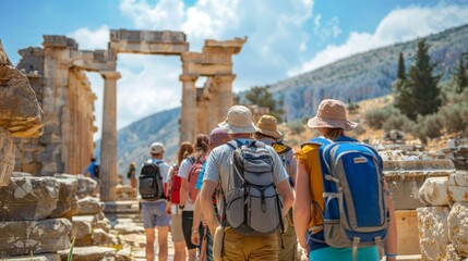 A group of tourists exploring ancient ruins with a guide