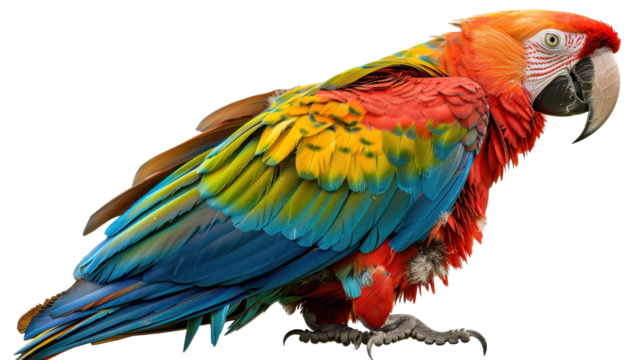 A vibrant scarlet macaw with blue and yellow feathers, perched with a curious expression. Isolated on a black background.