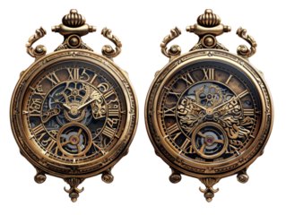 Two ornate antique pocket watches with exposed gears and Roman numerals. The intricate design and gold tone give a sense of vintage luxury.