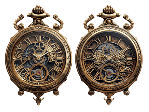 Two ornate antique pocket watches with exposed gears and Roman numerals. The intricate design and gold tone give a sense of vintage luxury.