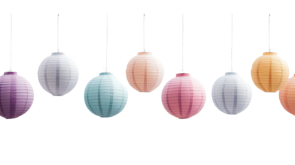 A row of ten colorful paper lanterns hanging in a line, against a black background.