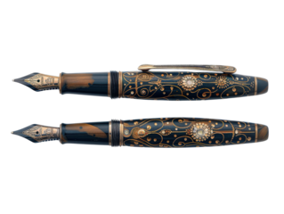 A pair of elegant fountain pens with intricate gold designs on a blue background, perfect for adding a touch of class to any writing occasion.