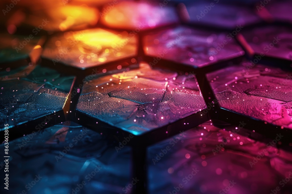 Poster a colorful hexagonal pattern with a blue and purple background. the pattern is made up of small squa