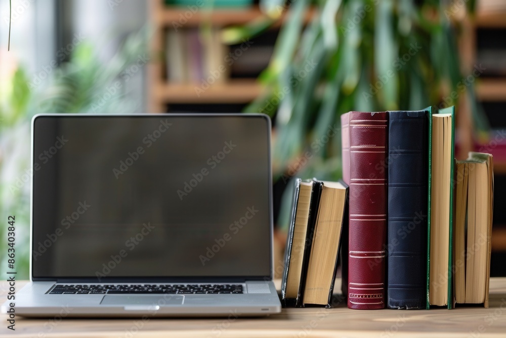 Fototapete a laptop sits on a desk next to a stack of textbooks, symbolizing the modern methods of learning. ge