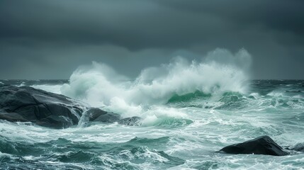 Naklejka premium A man on a surfboard riding rough waves in the ocean, AI