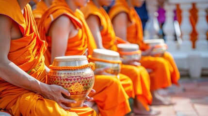 A group of monks are sitting in a row, each holding a small clay pot. Concept of calm and serenity, as the monks are likely engaged in a spiritual practice or ceremony