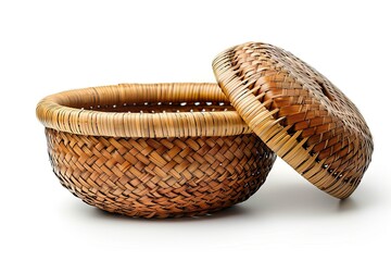 beautiful handmade of basket plus lid from woven bamboo on white background 