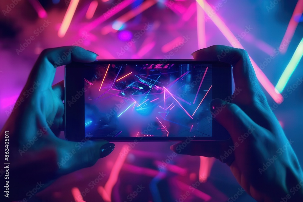 Leinwandbilder A close-up shot of a person holding a smartphone and filming a vibrant scene of neon lights in a nightclub. The screen displays a dynamic and colorful scene of flashing lights. Generative AI