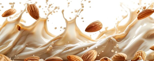 Photography of circular almond milk splash swirl, almond slices floating isolated white background